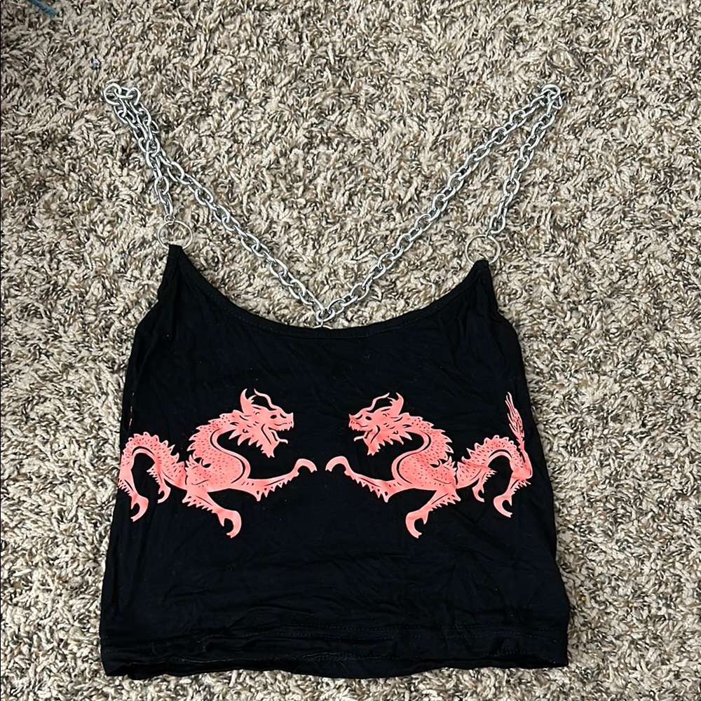 Black Crop Top with Pink Dragon Design